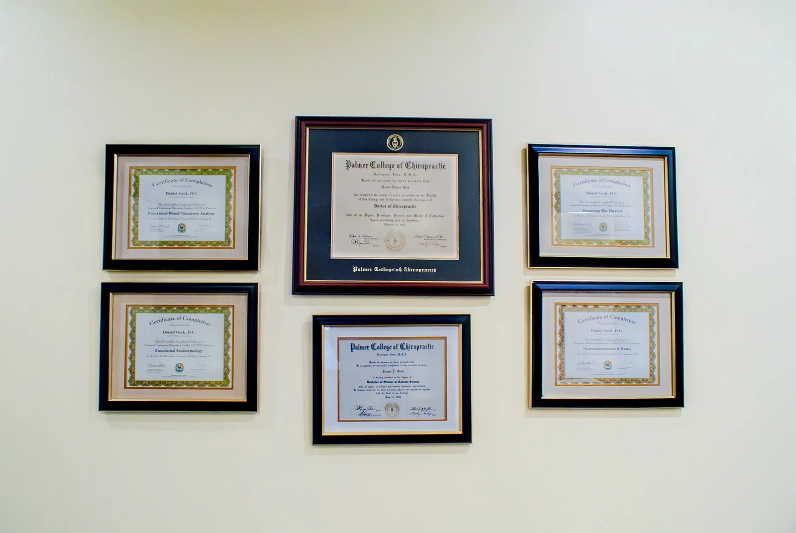 Professional credentials and chiropractic certifications at Restorative Wellness Center
